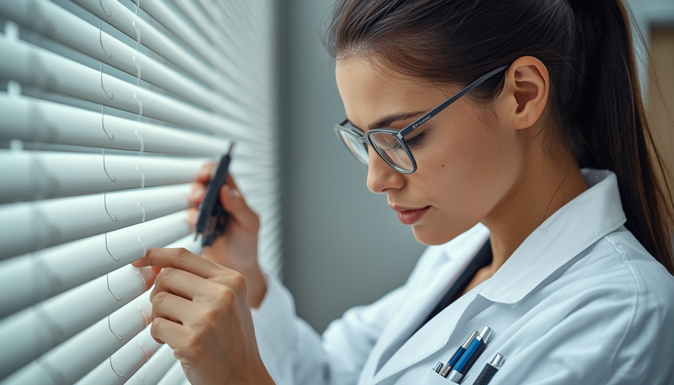 Inspector de calidad revisando persianas con instrumentos de precisión